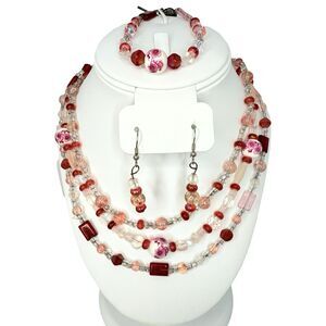 Vintage Pink Floral Glass Beaded Necklace Set with Bracelet & Earrings - Layered
